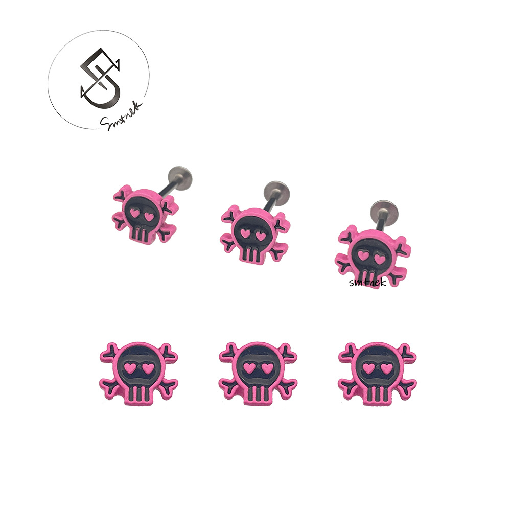 SMTNEK copper paint dripping oil Pink Skull lip nail cute non-mainstream titanium steel stainless steel puncture jewelry