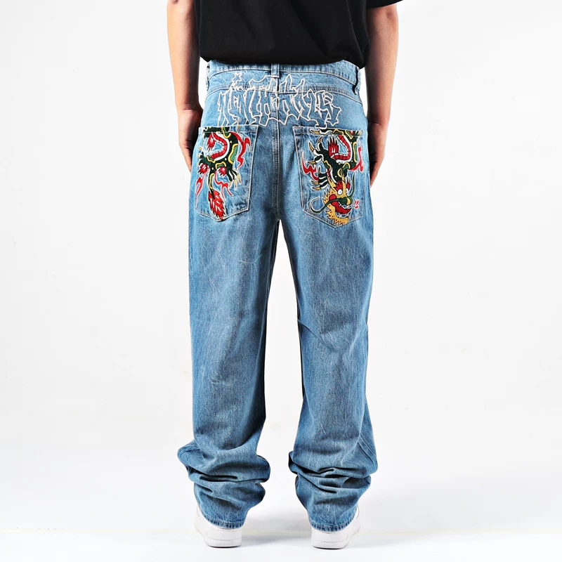 American street hiphop Chinese Loong embroidery worn heavy weight high street dad hip-hop loose skateboard jeans
