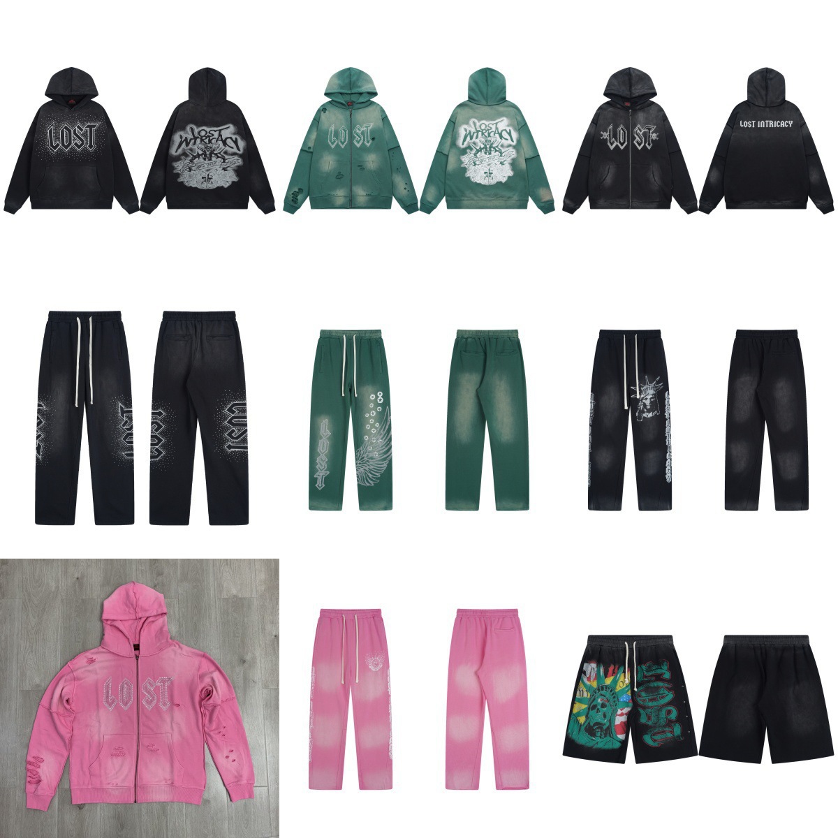 Los Angeles Trendy Brand Lost Intricacy Washed Distressed Sweatpants Pants Hot Diamond Cardigan Zipper Sweatshirt Suit