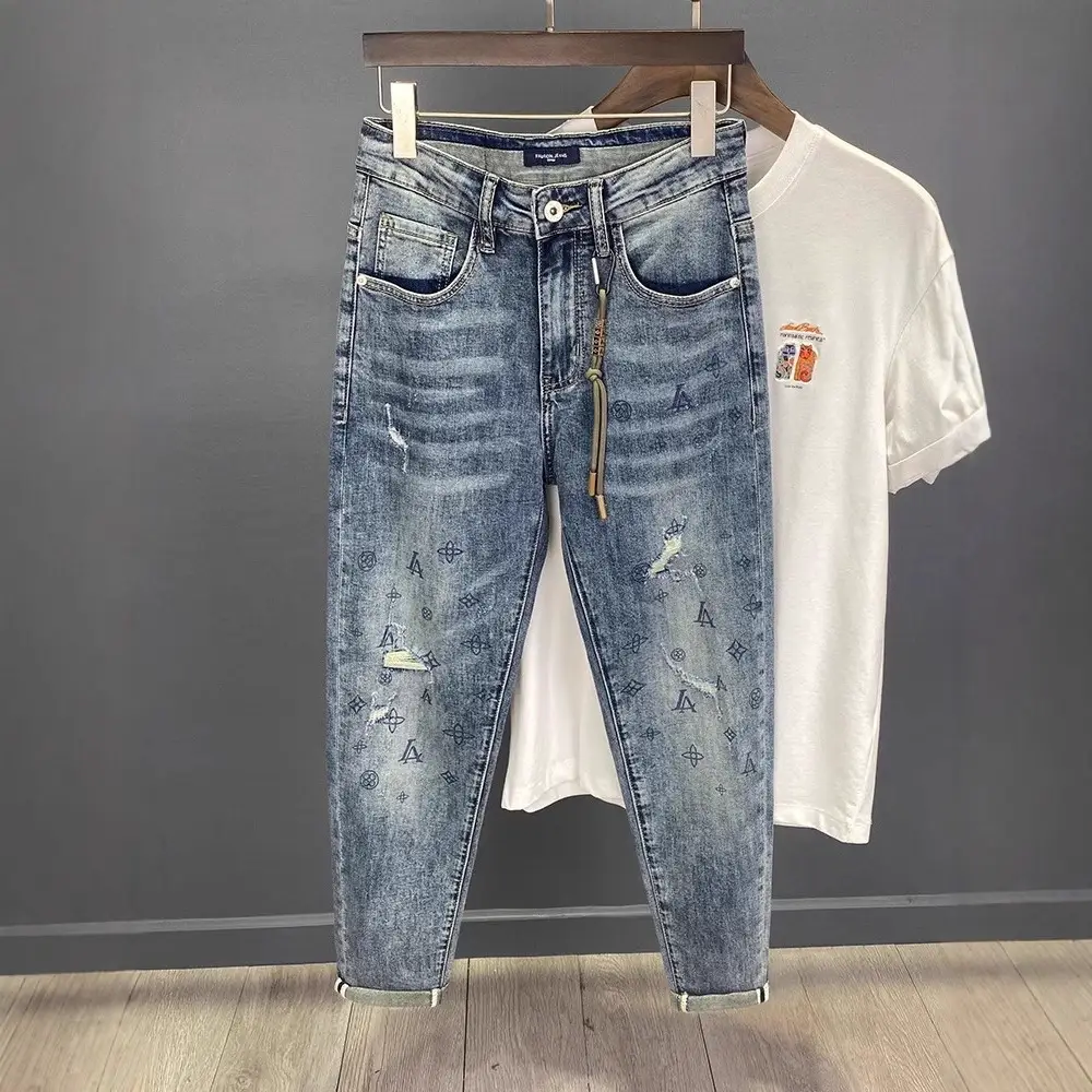 Vintage Dressed Ripped Patch Jeans Men's Summer Thin Loose Skinny Feet Trendy Brand High-end Stretch Cropped Pants