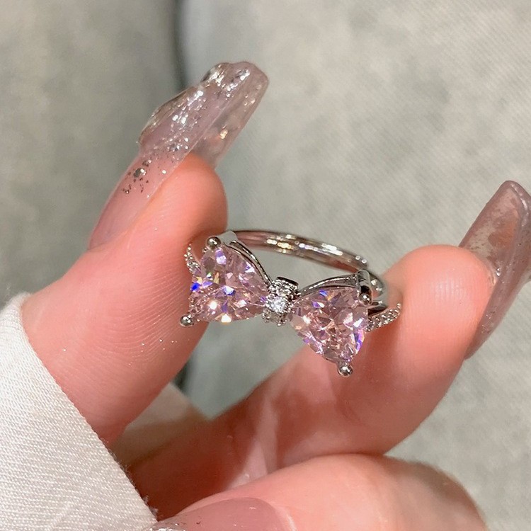 Popular Accessible Luxury Bow Ring Pink Diamond Female Niche Design Pink Heart Index Finger Ring Fashionable Open Ring