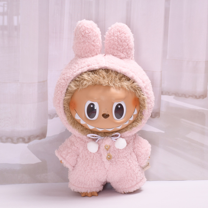 Only clothes] 38cm cloth doll pink plush rabbit ear hat jumpsuit labubu clothes adorable
