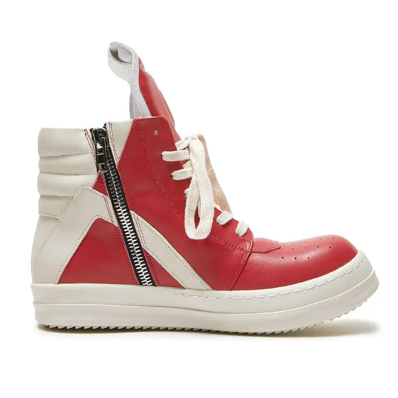 Trendy Genuine Leather High-Top Shoes for Men Ro Inverted Triangle Classy Aristocratic Stylish Red Hip-Hop Shoes Color-Blocked Thick-Soled Sneakers