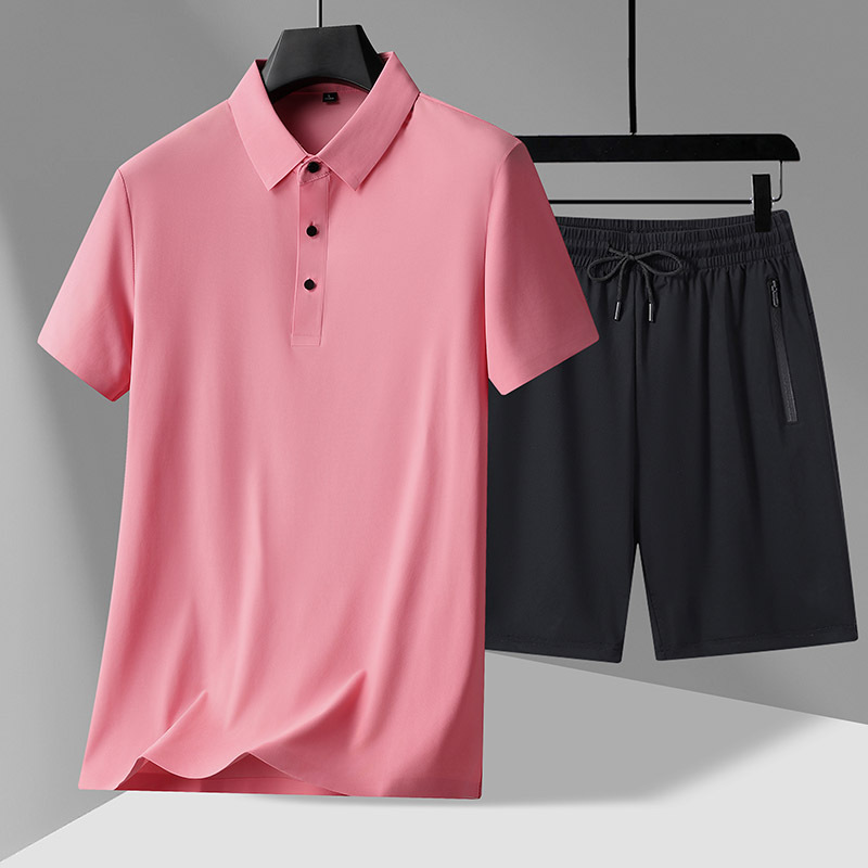Summer Ice Silk Cool-Feel Men's Short-Sleeve T-Shirt and Shorts Casual Set, Loose Polo Shirt Two-Piece Set for Dad