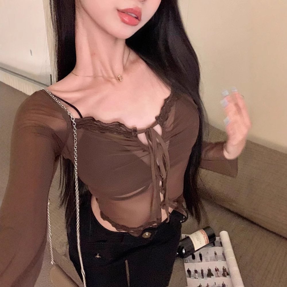 Autumn and Winter Hot Girls Thin Long-sleeved Shirt Women's Red Perspective Design Sense Niche Lace-up Sunscreen Sexy Slim-fit Top
