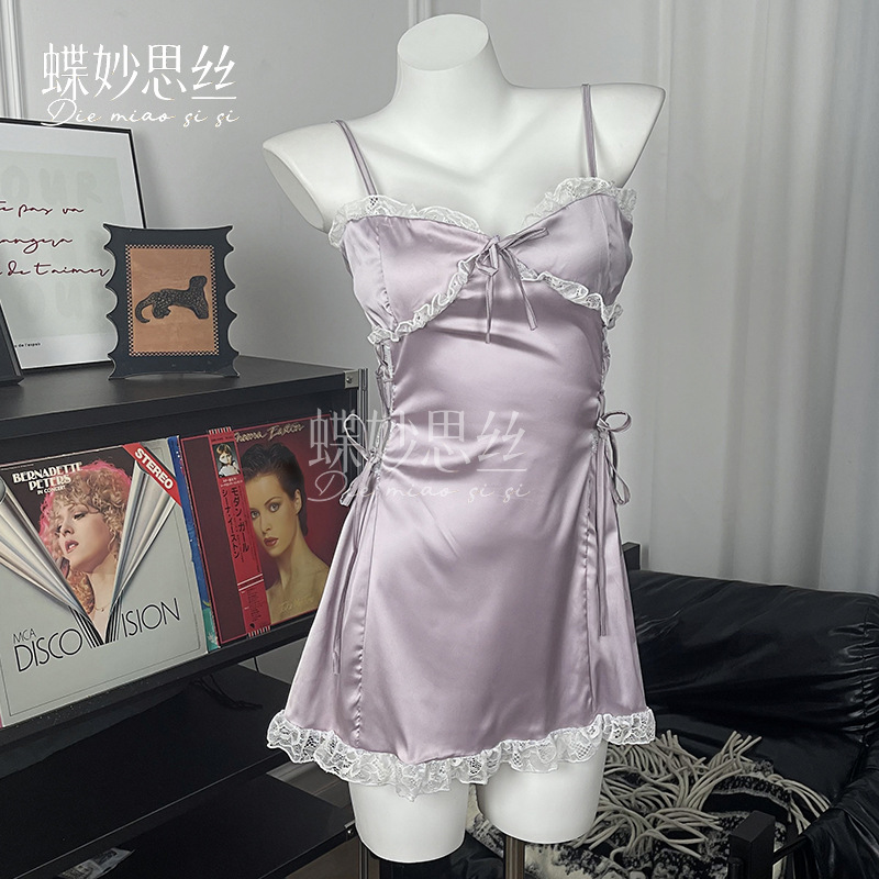 Butterfly Miao Si Silk Bra Pad Lace Sexy Satin Lace Backless Strap Temptation Embellished with Same Color Outer Robe Suit A543