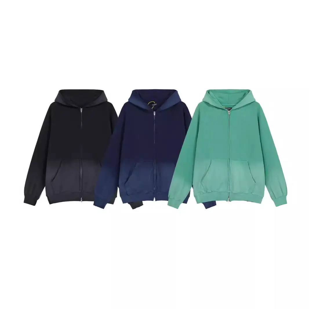 FAR ARCHIVE Washed Old Gradient Double Pull Head Embroidered Zipper Sweatshirt Coat Cotton terry 480g