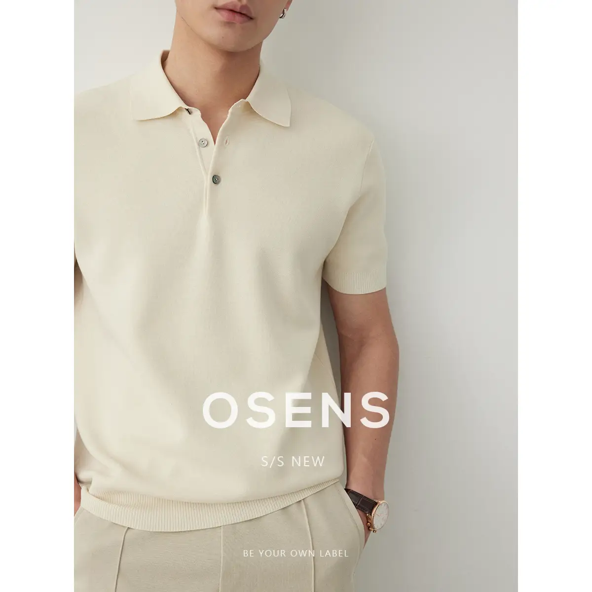 Osens Heavy Industry Four Sky Weave Minimalist Easiest for match Short Sleeve T-Shirt Retro Lapel Half Placket Knitting Polo Shirt Men
