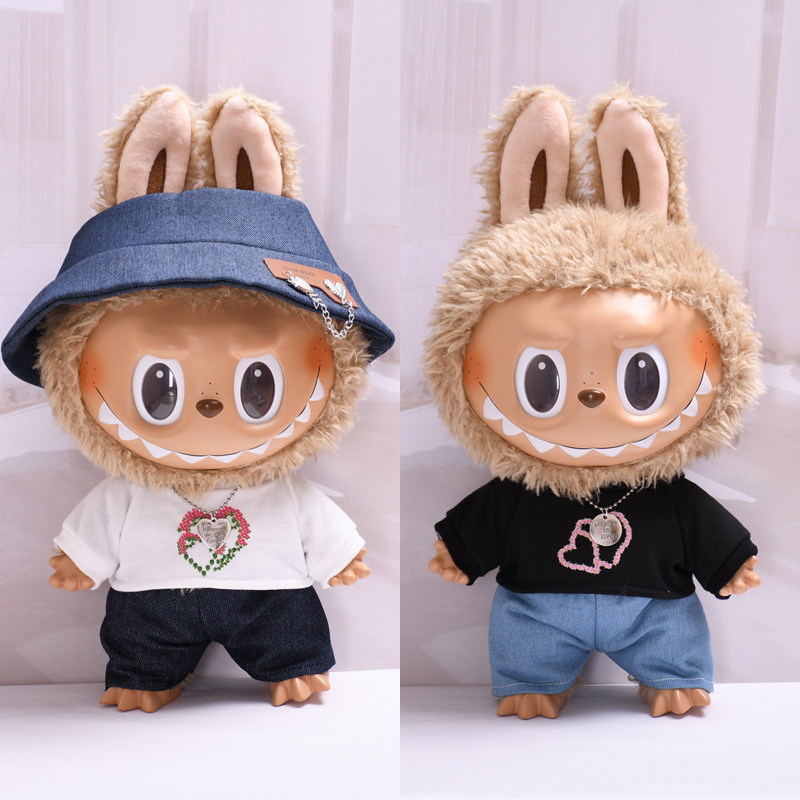 Only clothes] 38cm labubu doll love T-shirt jeans suit Labubu change clothes