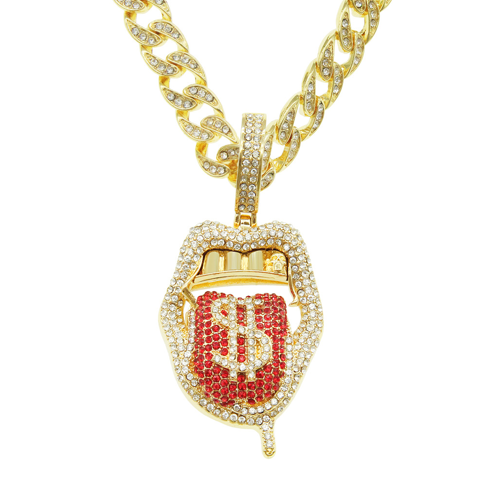 European and American Hip-Hop Rap Rap Decorative Full Diamond Three-Dimensional Dollar Tongue Pendant Chaoster Exaggerated Cuban Chain Necklace