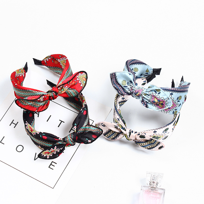 New South Korea Headband Bow Color Matching Color Contrast Fabric Wide Edge Leopard Headband Rabbit Ears Wash Face Headwear All-match