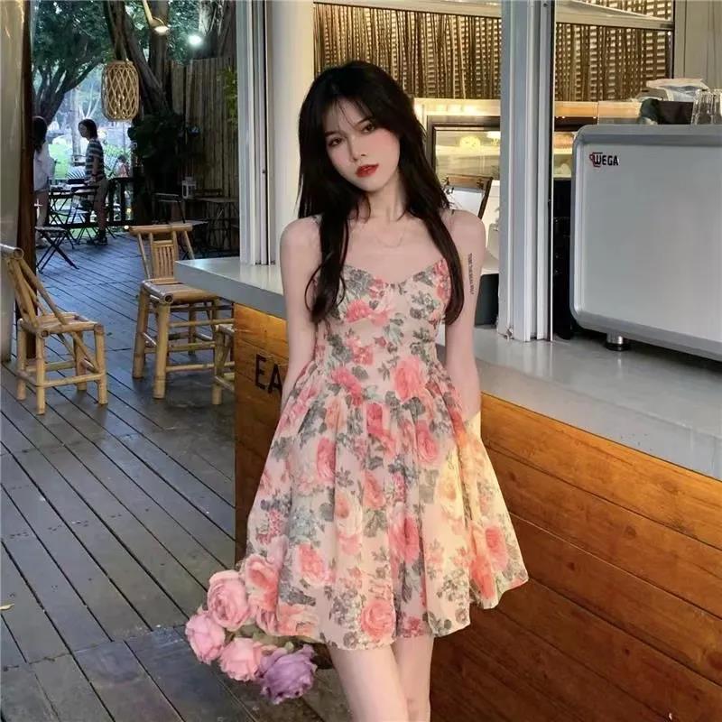High waist elegant slimming floral strap dress fairy spring and summer French style small new short skirt cross-border