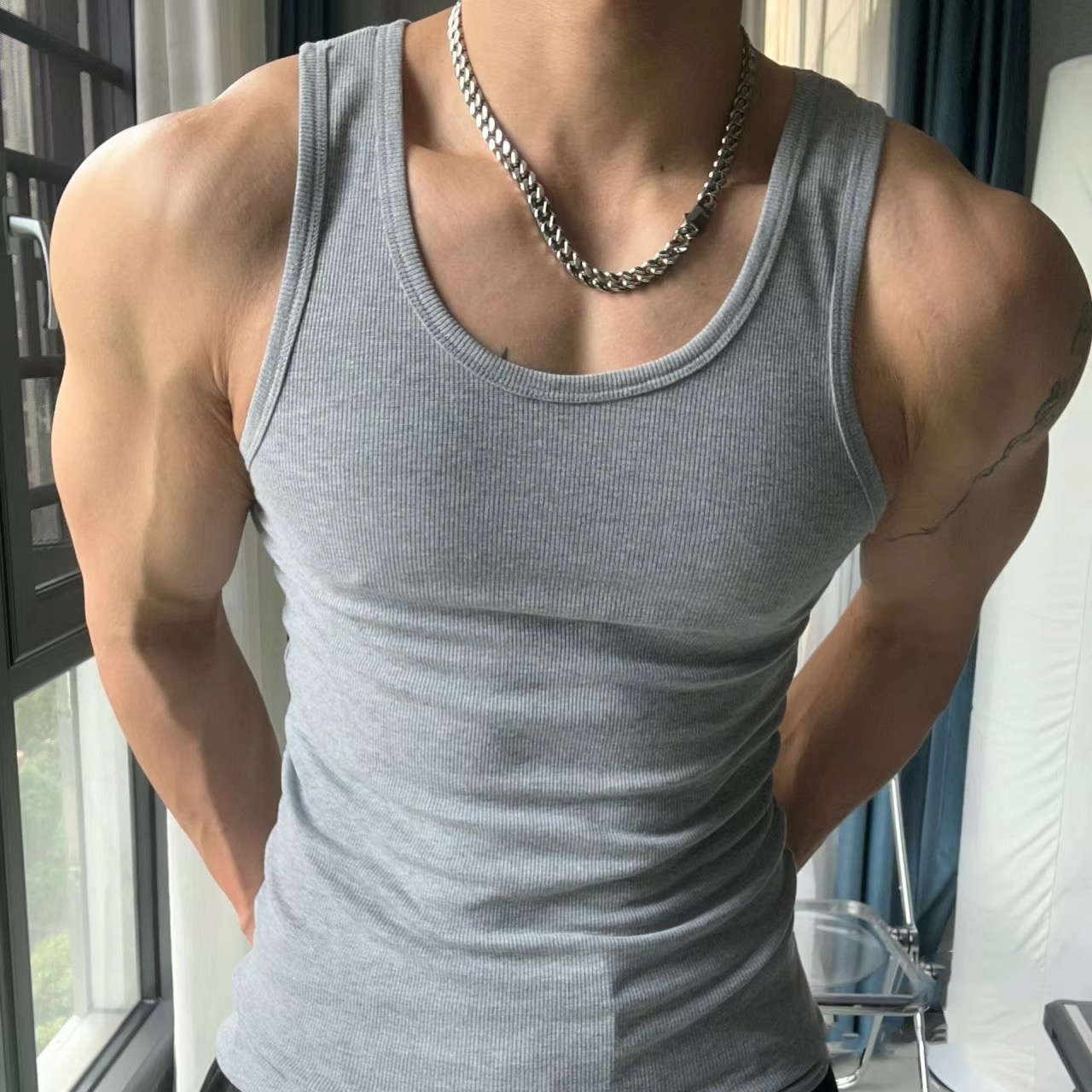 Cotton Thick Thread Slim Stretch Sports Fitness Vest Men's Round Neck plus size Quick-drying Muscle Training Breathable QC-foto från 1688 på Qualit.ly