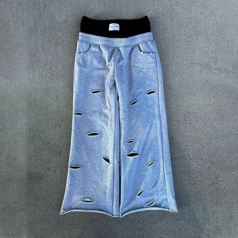 European and American personality design high waist men's casual pants with holes stitching double waist hip hop Harajuku straight pants punk style