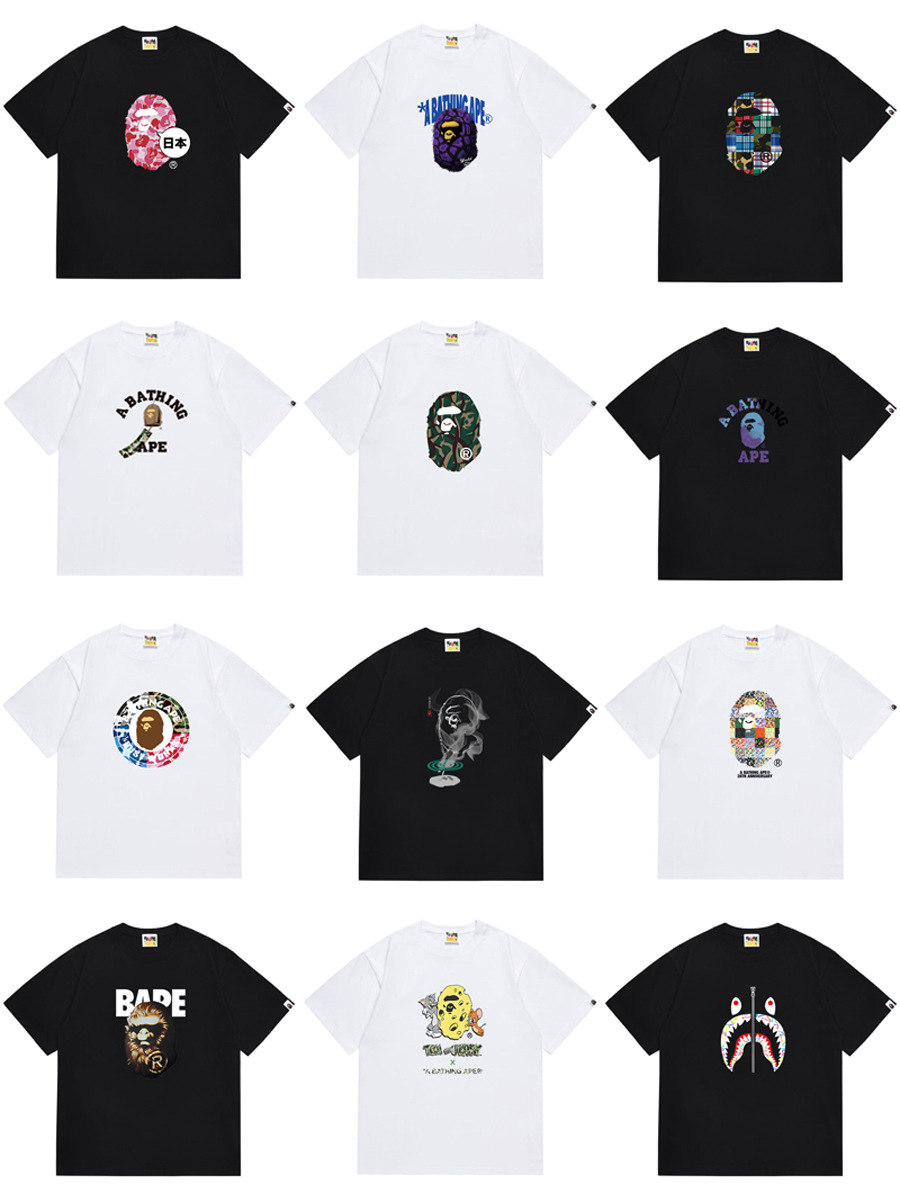Summer Trendy Brand New Pure Cotton Bape Ape Head Heavyweight T-Shirt for Students, Couples, Men and Women, Loose Fit Short-Sleeve Top