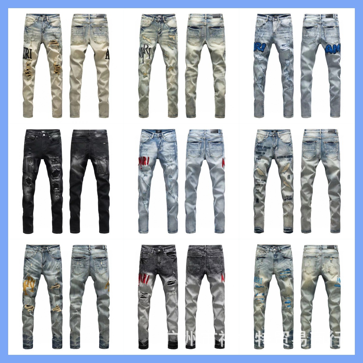 Cross-Border Wholesale Am Trendy Brand Jeans Embroidered Ripped Patches Stretch Slim Fit Jeans Foreign Trade Pants Winter