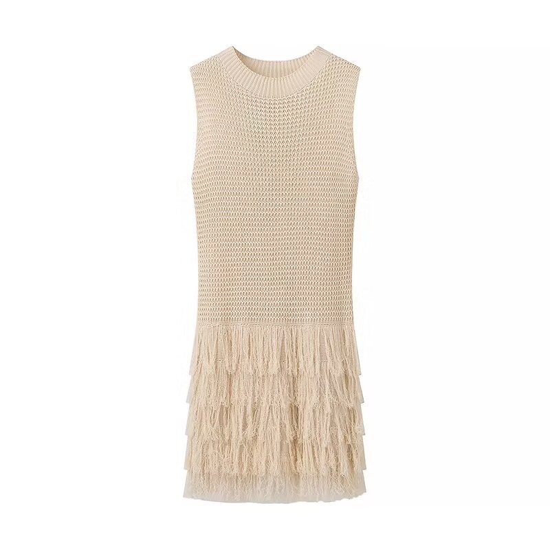 2025 New Autum European and American Style Round Neck Pullover Fringed Knitted Dress
