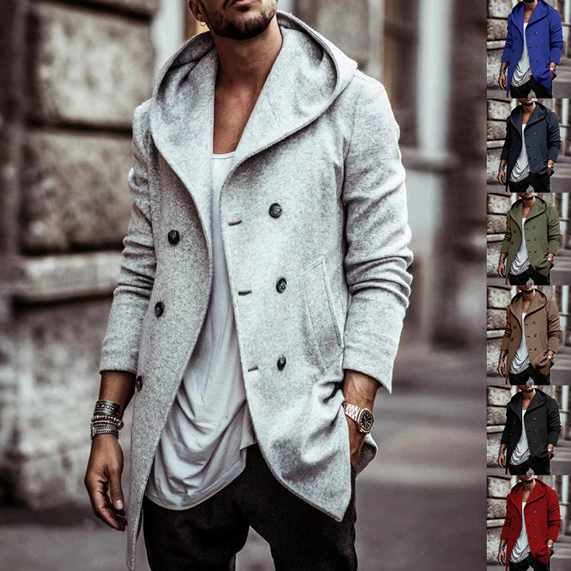 Amazon European and American Style Spring and Autumn Men's Trench Coat, Mid-Length, with a Turn-Down Collar and Hood, Made of Cotton Blend, Double-Breasted, Casual Trench Coat