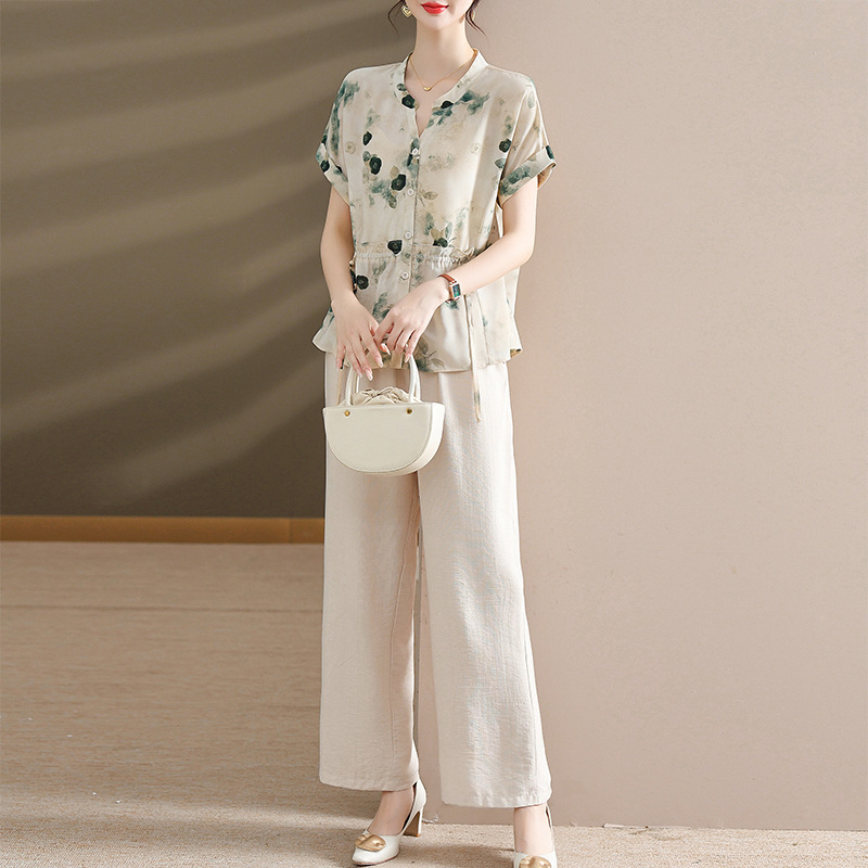 Guofeng Organza Stitching Short-sleeved Shirt Cotton and Linen Wide-leg Pants suit Women's 2025 Summer Top Capri Pants Two-piece Set
