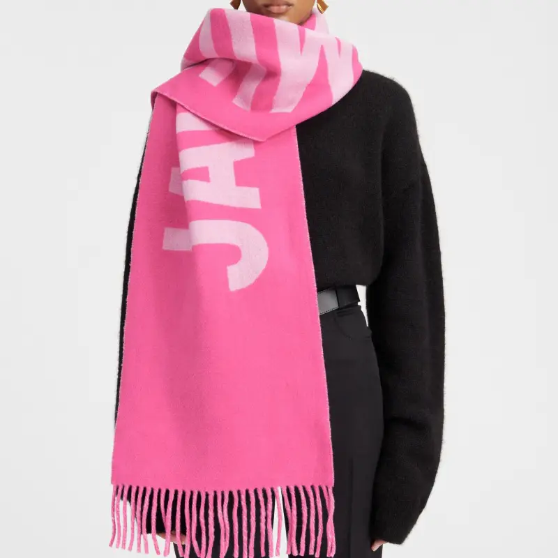 Authentic Jacquemus Large Letter Wool Scarf for Women, Logo Print Tassel Shawl, Cashmere Neck Warmer for Autumn and Winter