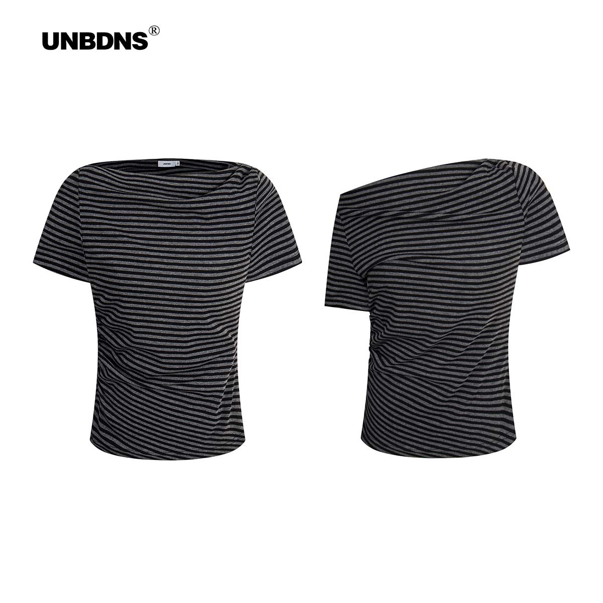UNBDNS Slant Shoulder Top Women's Short-sleeved Striped Loose Slimming High-end Slim-fit Two-way off-shoulder T-shirt
