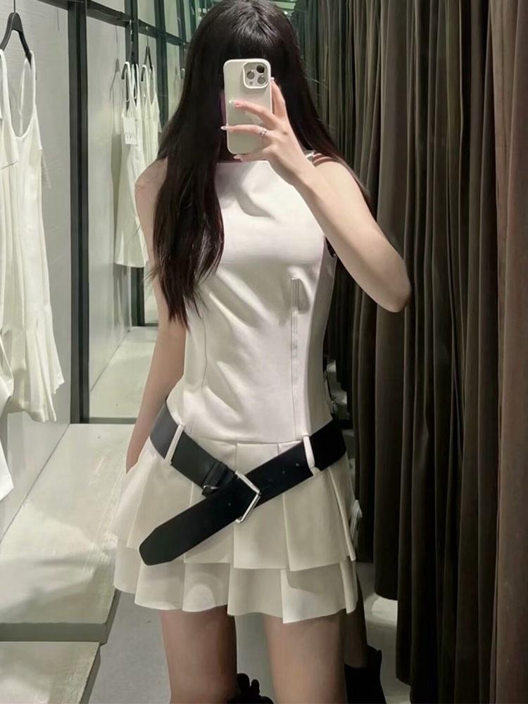 Zatrax-2024 autumn new belt wide pleated jumpsuit dress women's mini dress