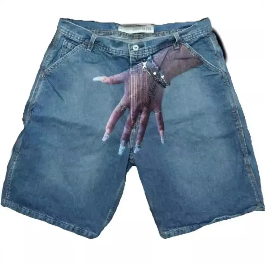 Hip Hop Denim Shorts European and American Y2K Hip Hop Printed Denim Shorts Men's Trendy Brand Couple's Five-Point Shorts