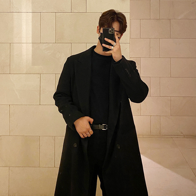 2024 New Men's Coat Men's Winter Wind Resistant Thickened Long Coat Korean Style Casual Fashionable Woolen Coat Solid Color