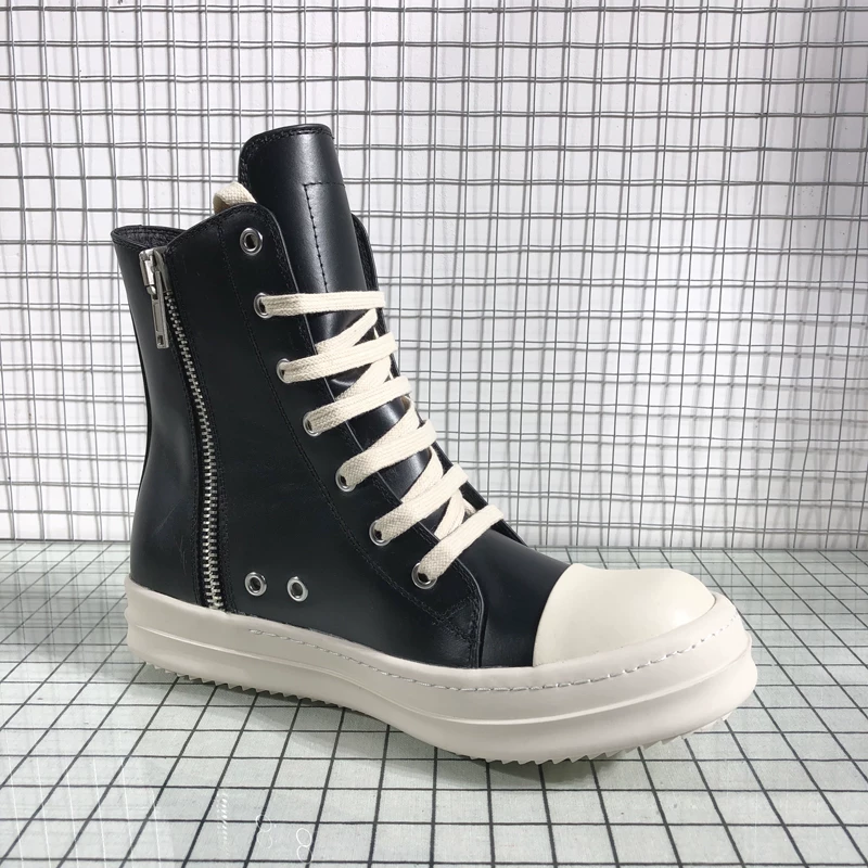 Round Owens High-Top Shoes for Men, Genuine Leather, Black, Main Line First Layer Waxed Cowhide, Milky Thick-Soled Sneakers, Short Boots