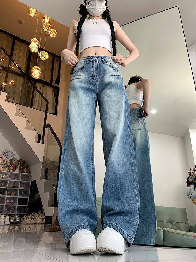 2026 Spring and Autumn Washed Blue Straight-Leg Jeans for Women, Vintage High-Waisted Loose Slimming Draped Versatile Wide-Leg Trousers