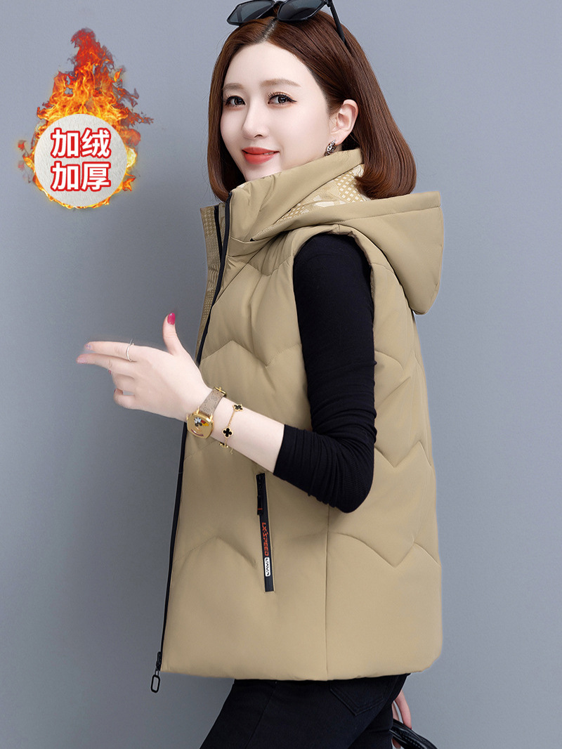 Hooded down Cotton Vest for Women 2025 Autumn and Winter New Style Large Size Fleece-Lined Thickened Outerwear Short Cotton Vest