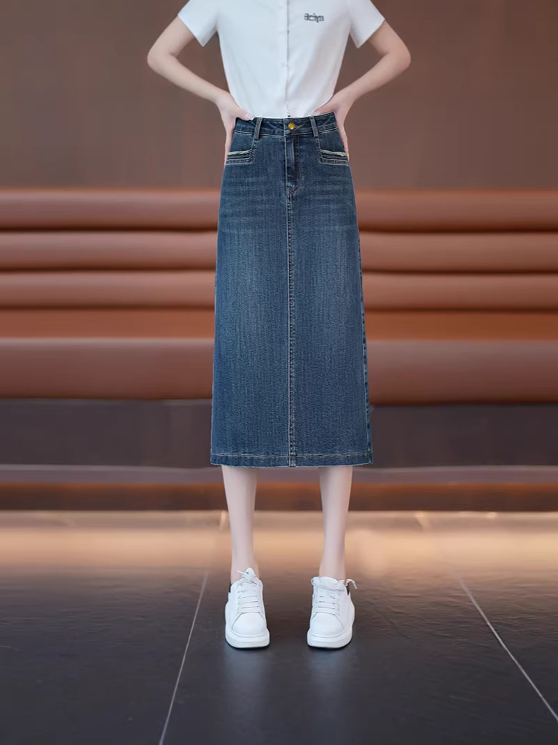 Elegant Mid-Length Denim Skirt for Women, 2026 Summer New Korean Fashion High-Waisted Women's Pencil Skirt