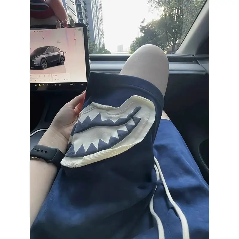 Navy Blue Patch Shark Mouth Shorts Men's Summer Loose Breathable Straight Pants Casual Sports Pants