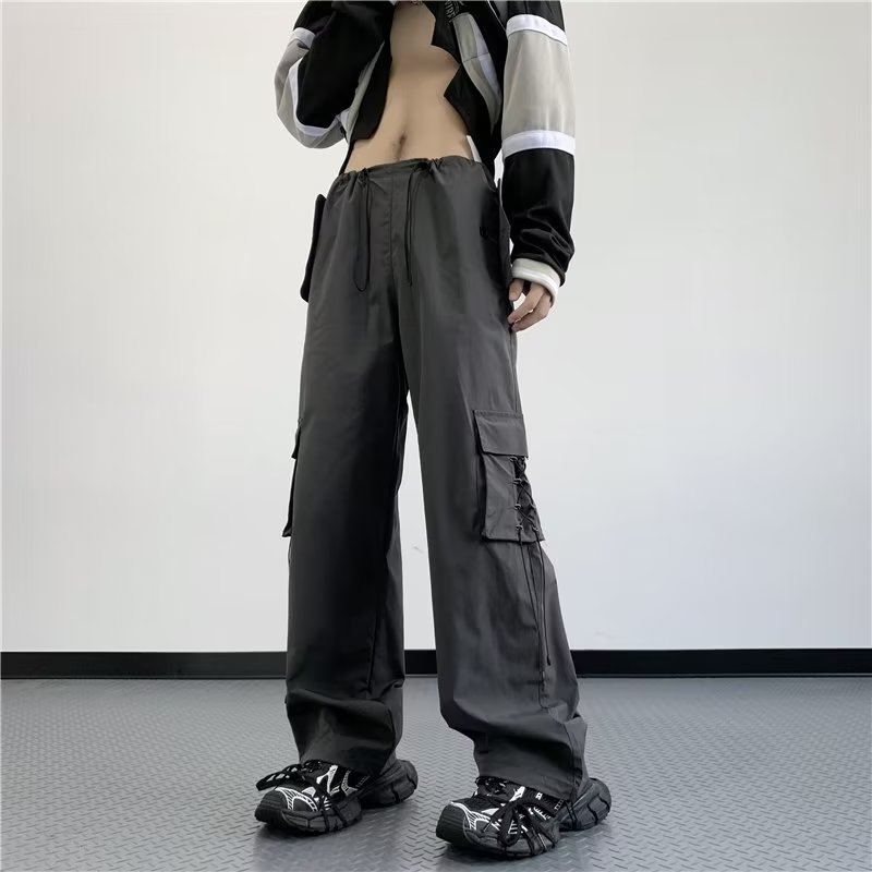 Parachute overalls men's 2023 new summer khaki casual loose American high street pleated wide-leg pants