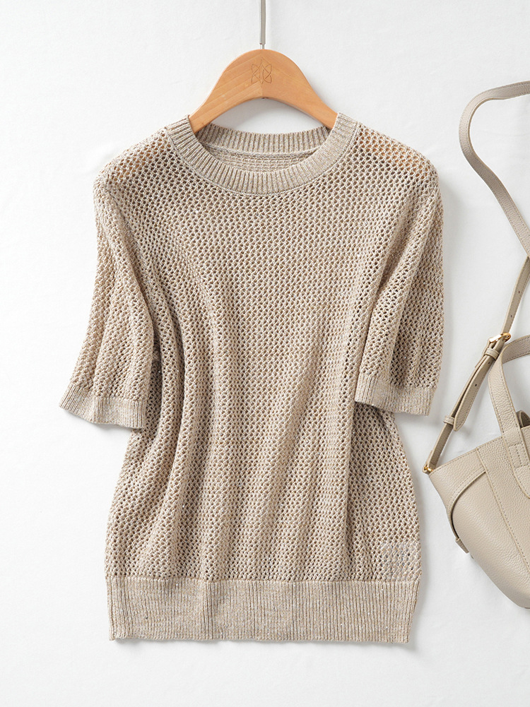 Bc Same Style Accessible Luxury Cool Tencel Linen Retro Cut Out Knitwear Women's Summer Thin Short-Sleeved Sequin Round Neck Top