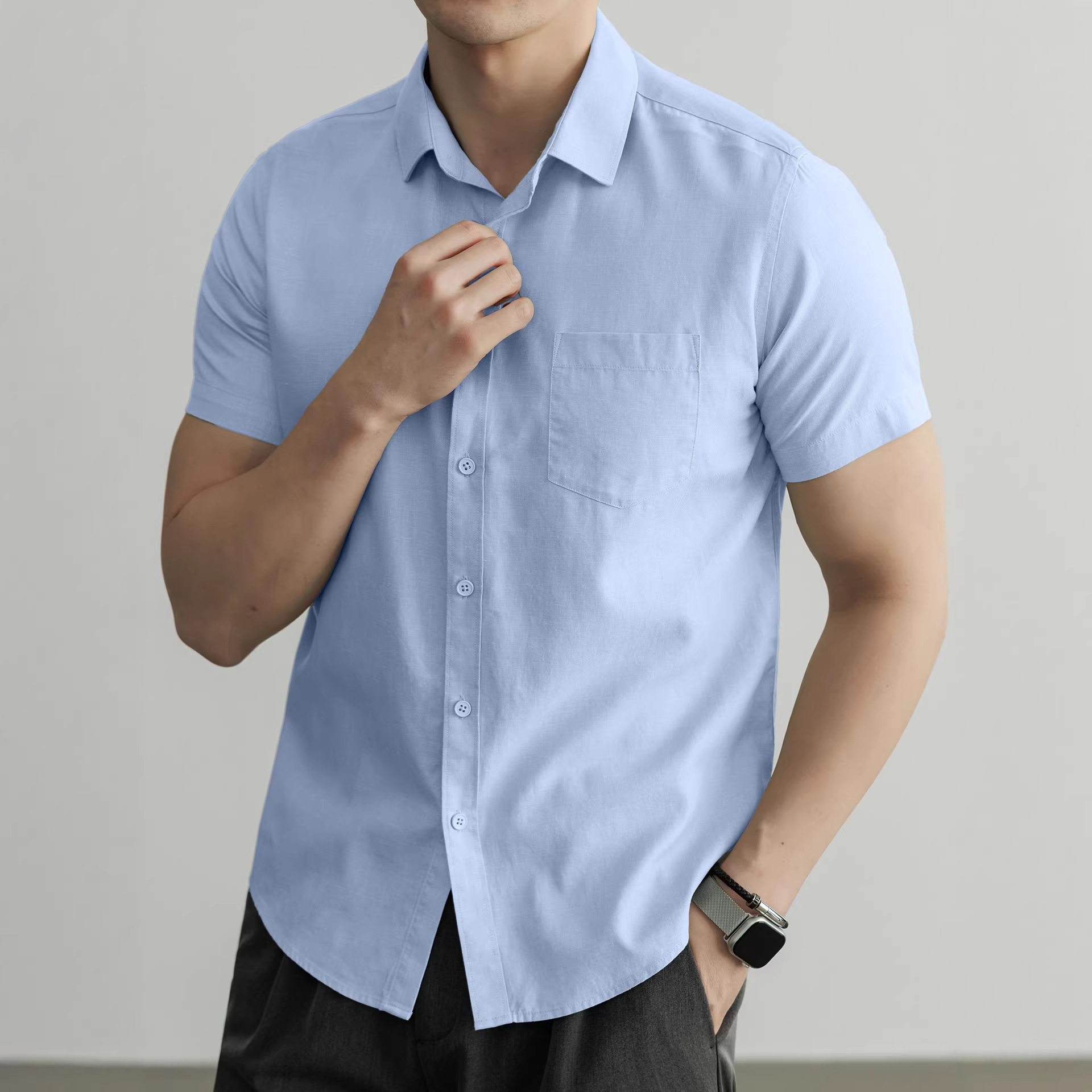 Tencel Cotton Linen Short-Sleeve Shirt for Men 2025 Summer New Style Pocket Shirt Men's Shirt with Logo Printing