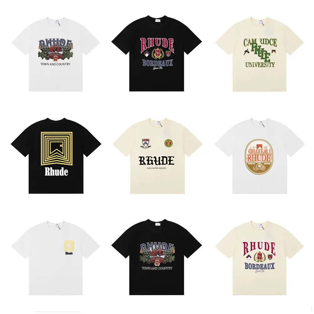 25Ss Cross-Border European and American Trendy Brand Rhude Geometric Letter Pattern Printed Short-Sleeved T-Shirt for Men and Women American High Street Half-Sleeve