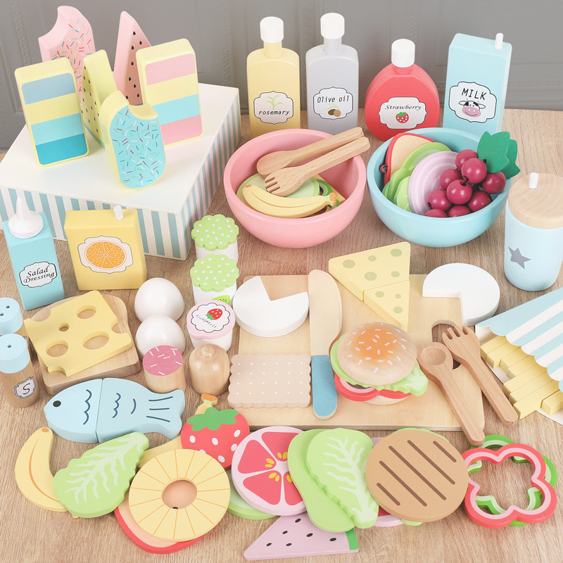 Wooden children American simulation play house kitchen toys ice cream fries ice cream car baby cognitive play