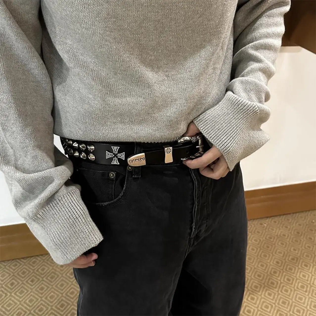 Senior ERD Melancholy Rich Second Generation 23 New Double Nail Cross Imported Cowhide Punk Dressed Leather Belt Belt