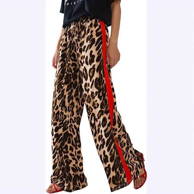 European and American Cross-border New Casual Women's Trousers Internet Celebrity Same Leopard Print Stitching Elegant Loose Wide-leg Trousers