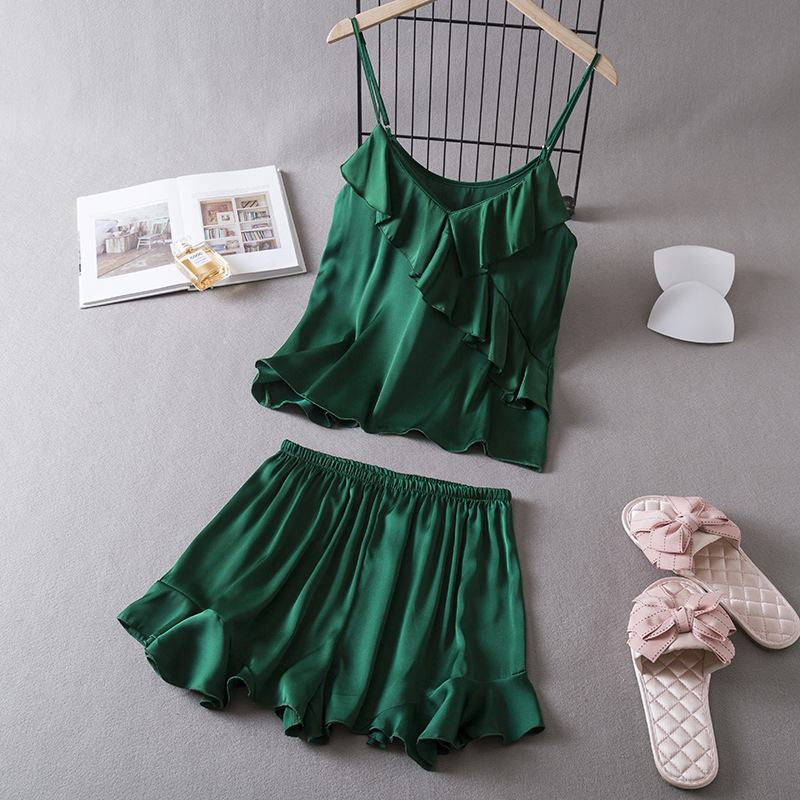 Summer New Sexy Camisole Pajamas for Women, Thin Ice Silk Ruffled Shorts, Home Wear, Wholesale and Dropshipping