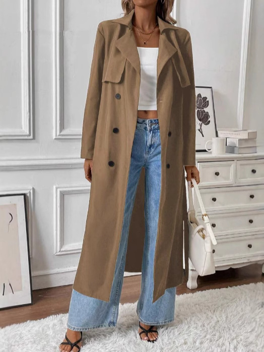 European and American 2025 Pure Color Casual Women's Suit Collar Long-Sleeved Autumn and Winter Windbreaker Mid-Length Outwear Elegant Women's Outwear