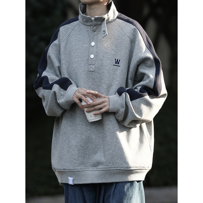 2024 Spring and Autumn American Retro Stitching Collar Casual Sweatshirt Men's Couple Japanese Loose Pullover Jacket Student