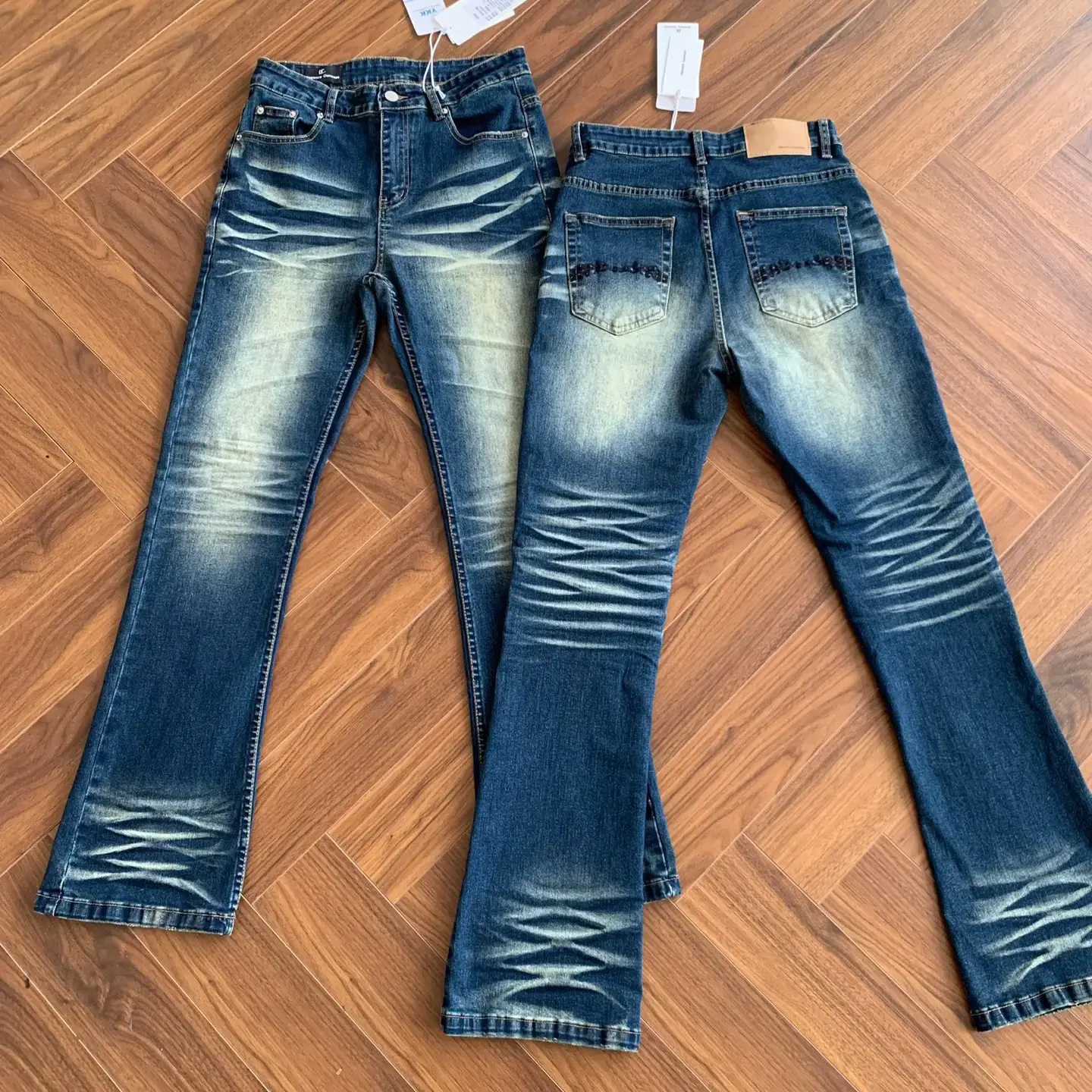 American-Style Cleanfit Heavy Washed Dark Blue Three-Dimensional Whiskered Jeans, Slightly Flared, Slim Fit, Distressed Long Pants for Men