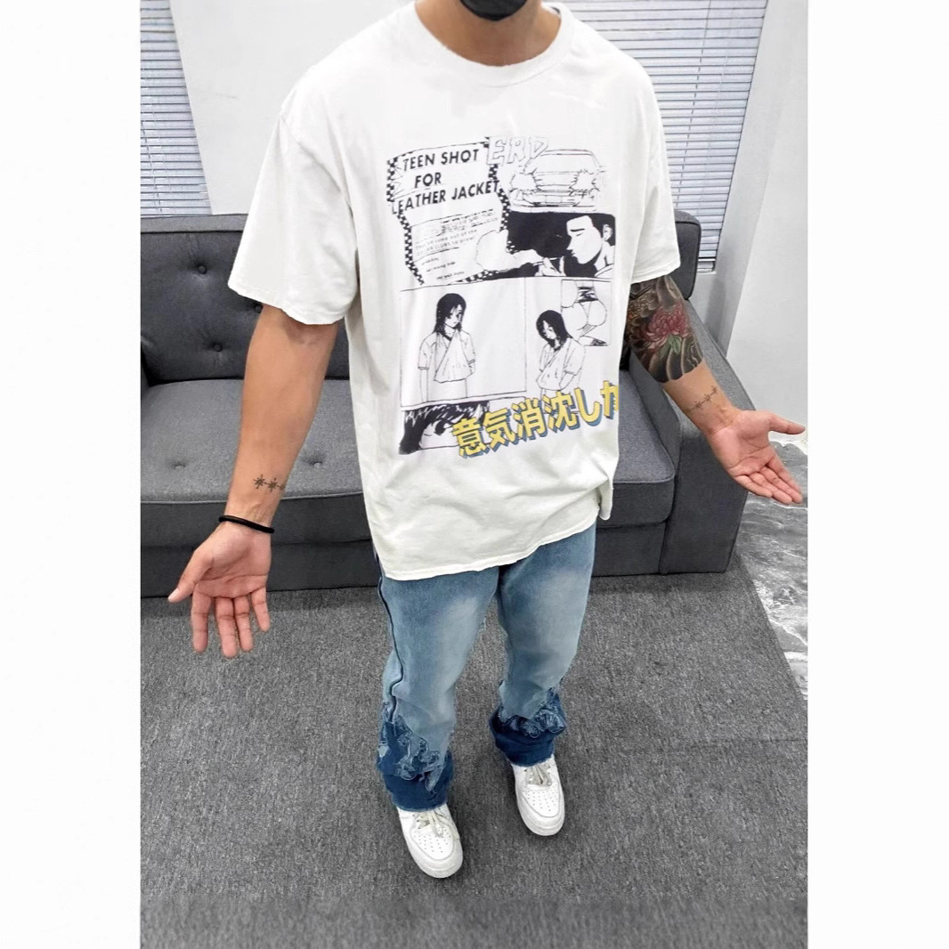 Erd Melancholic Rich Second Generation Retro Printed Couple Round Neck Heavyweight Men's and Women's Loose Cotton T-Shirt Short-Sleeved Tops