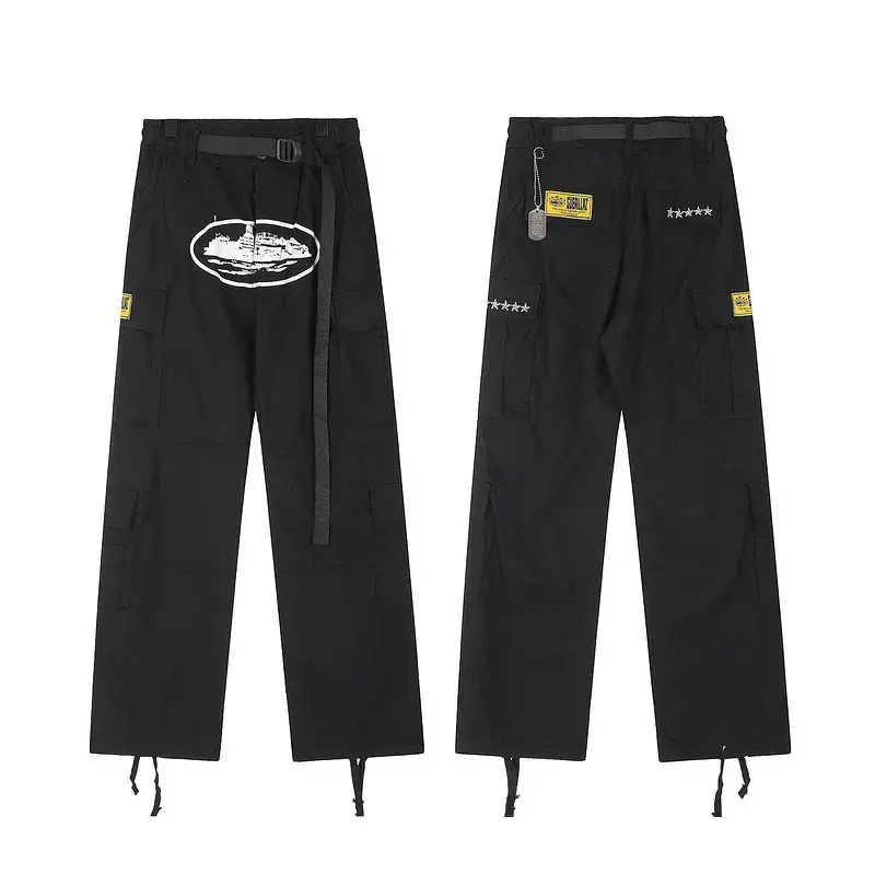 American-style multi-pocket side buckle printed overalls national fashion loose casual black straight pants Street ribbon trousers