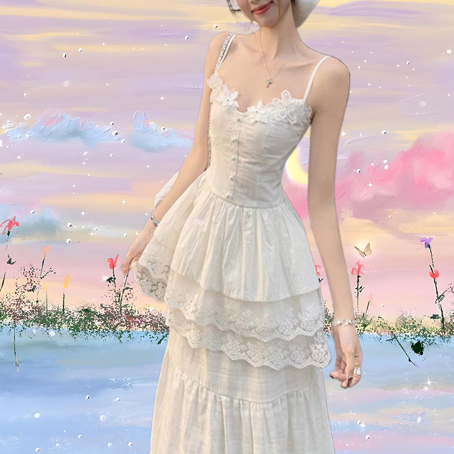 French Gentle Style Super Fairy Embroidered Lace Splicing Camisole Women's Summer High-Waisted Half-Length Skirt Two-Piece Suit