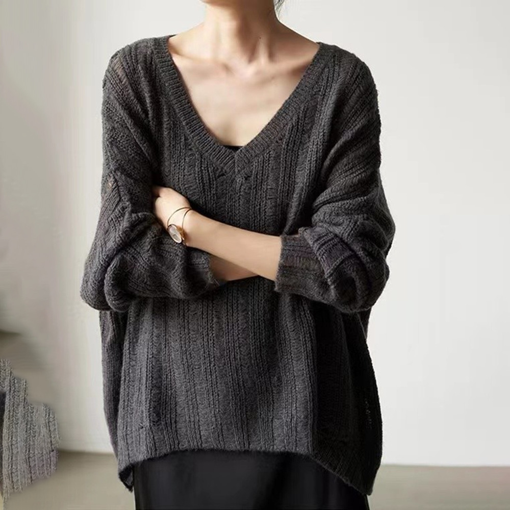 Cross-Border V Neck Mohair Knitwear for Women in Early Autum, Lazy, Gentle, Loose, Cut Out Pullover Knitwear Top