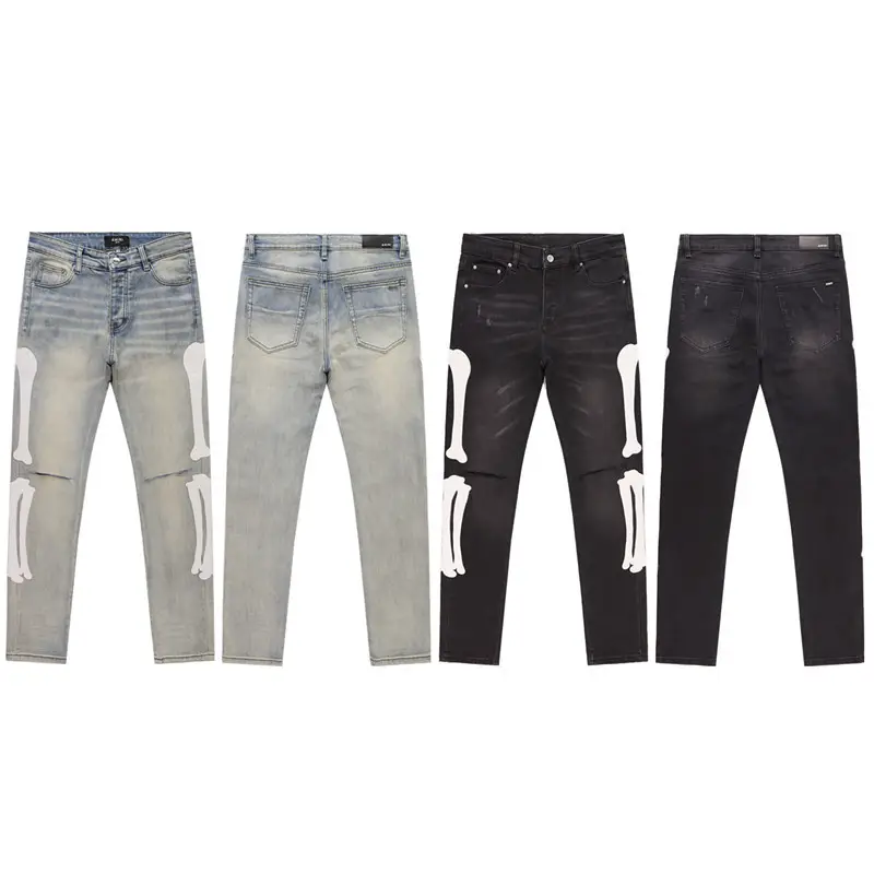 25 Cross-Border European and American Trendy Brand Amri Bone Embroidered Leather Washed Jeans for Men and Women High Street Cut Distressed Pants