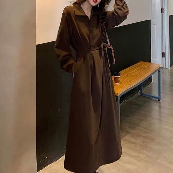 brown Shirt dress Women's 2025 Early Autumn New French Style Elegant Retro Hepburn Style Long Dress Waisted Skirt